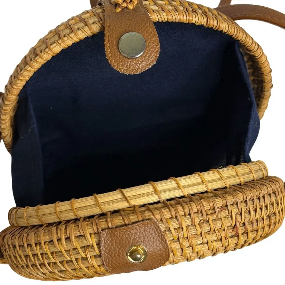 Round Rattan Wicker Purse Shoulder Bag Cross Body Shoulder Brown